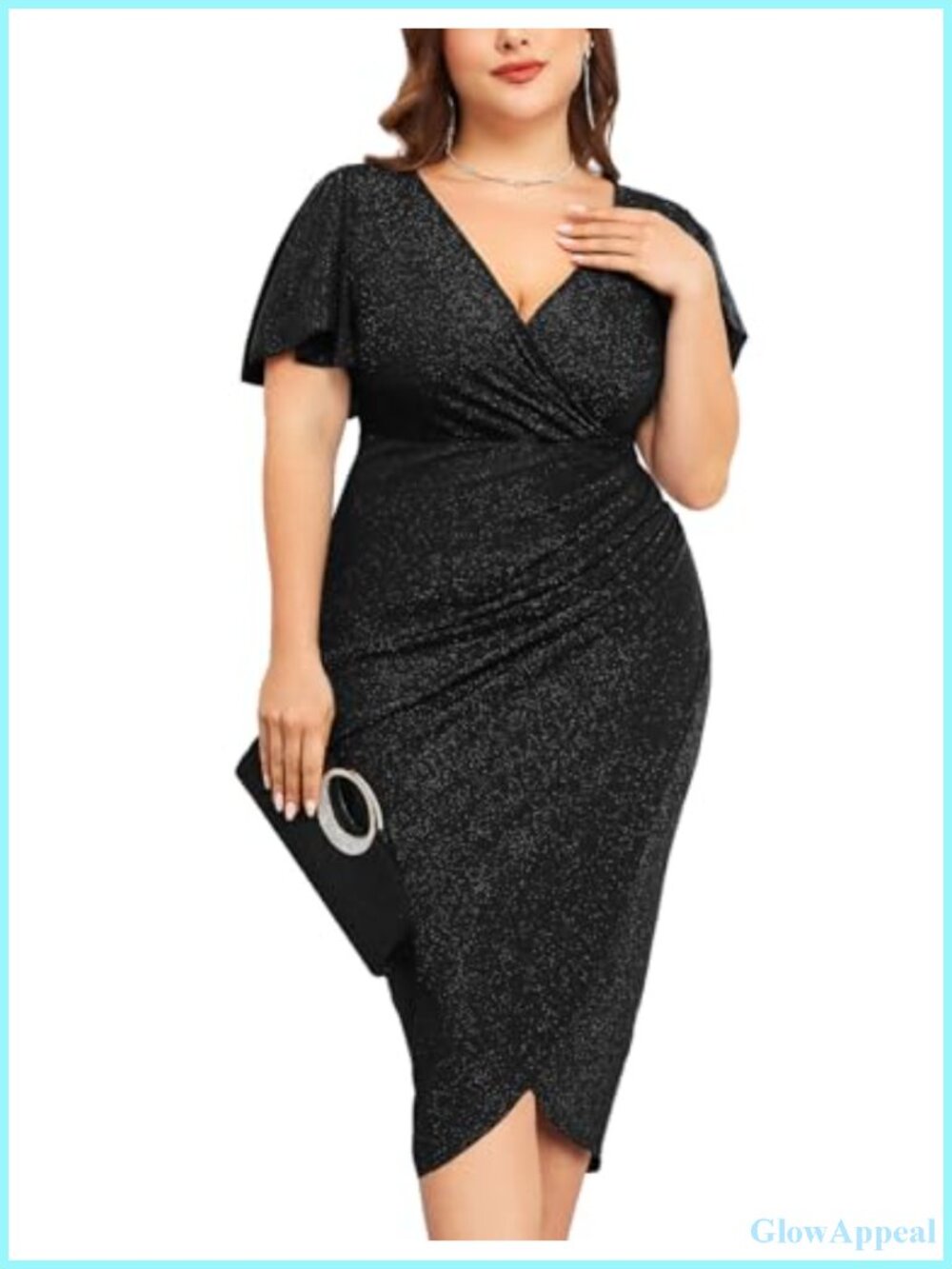 Plus Size Sparkly Sequin Ruched Bodycon Midi Dress with Ruffle Sleeves